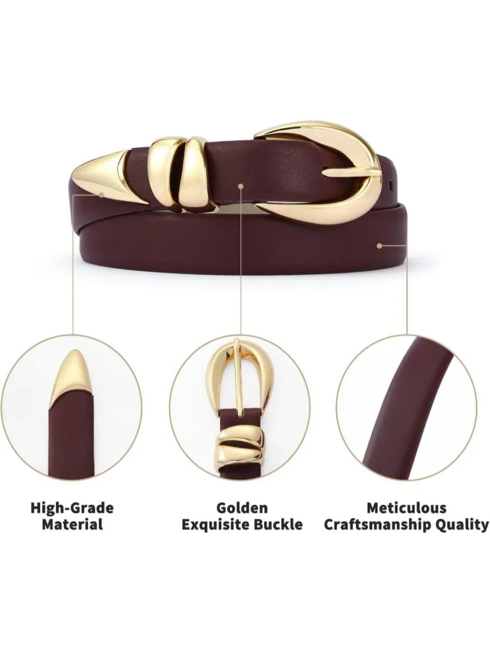 Women's Burgundy Leather Adjustable Waist Belt For Jeans With Gold Buckle